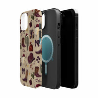 Cowboy Christmas design phone case for iPhone 17 in glossy finish by Printify, featuring festive colors and patterns.