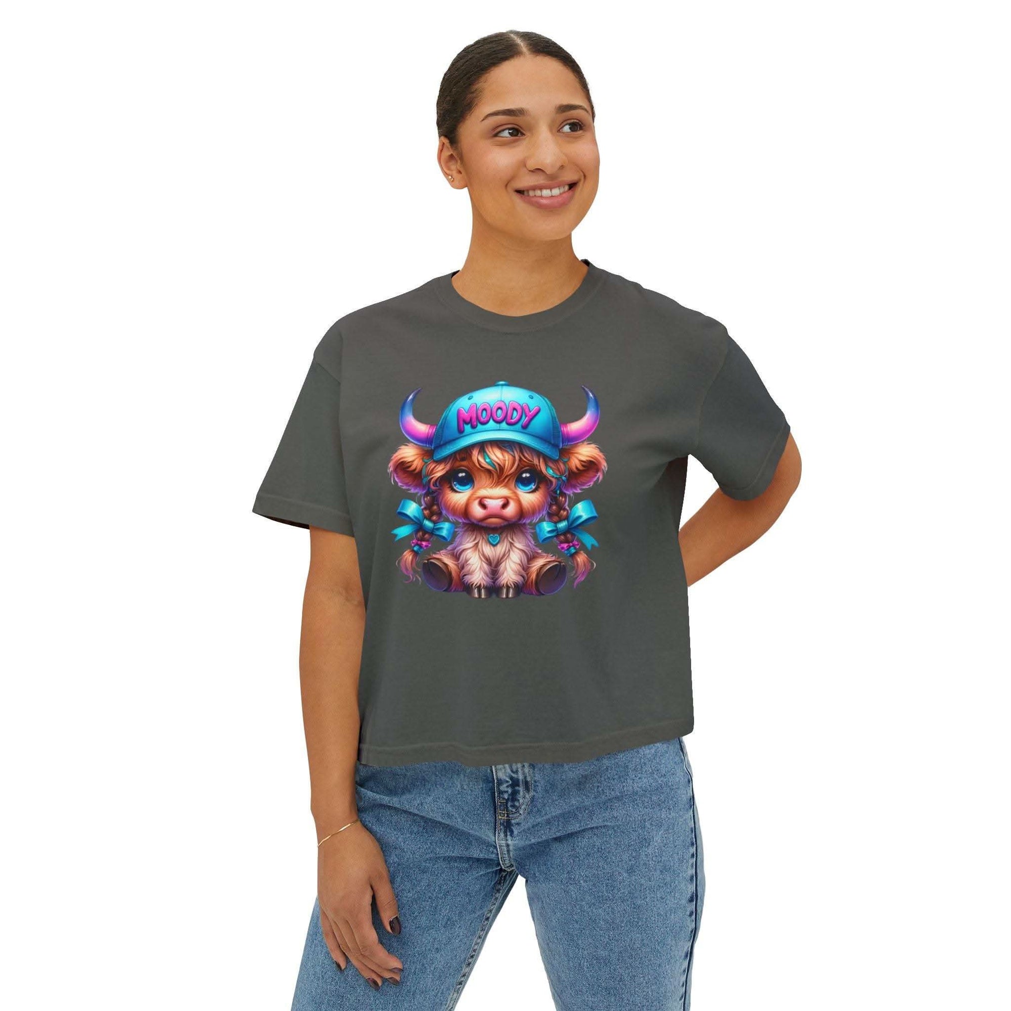 Women's boxy tee with moody girl highland cow graphic, casual fit, vintage pigment dye, 100% cotton