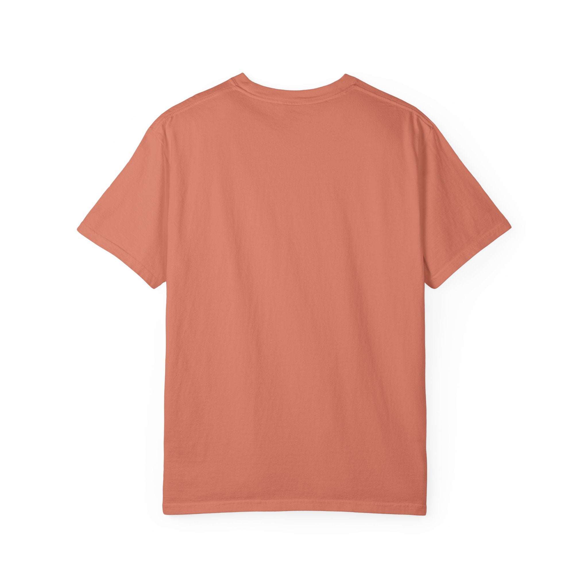 Garment-dyed terracotta t-shirt with plain back, casual fit for dog lovers