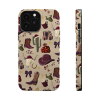 Cowboy Christmas design phone case for iPhone 17 in glossy finish by Printify, featuring festive colors and patterns.