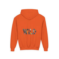 Orange Patchwork Wild Word Hoodie with colorful "WILD" text and kangaroo pocket for kids.