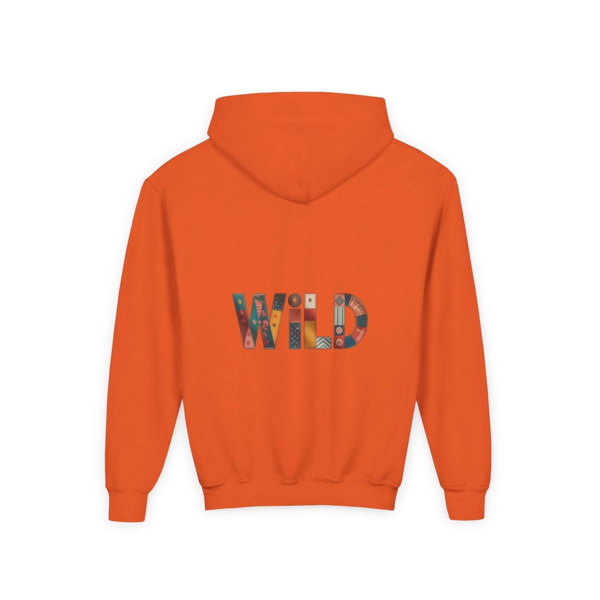 Orange Patchwork Wild Word Hoodie with colorful "WILD" text and kangaroo pocket for kids.