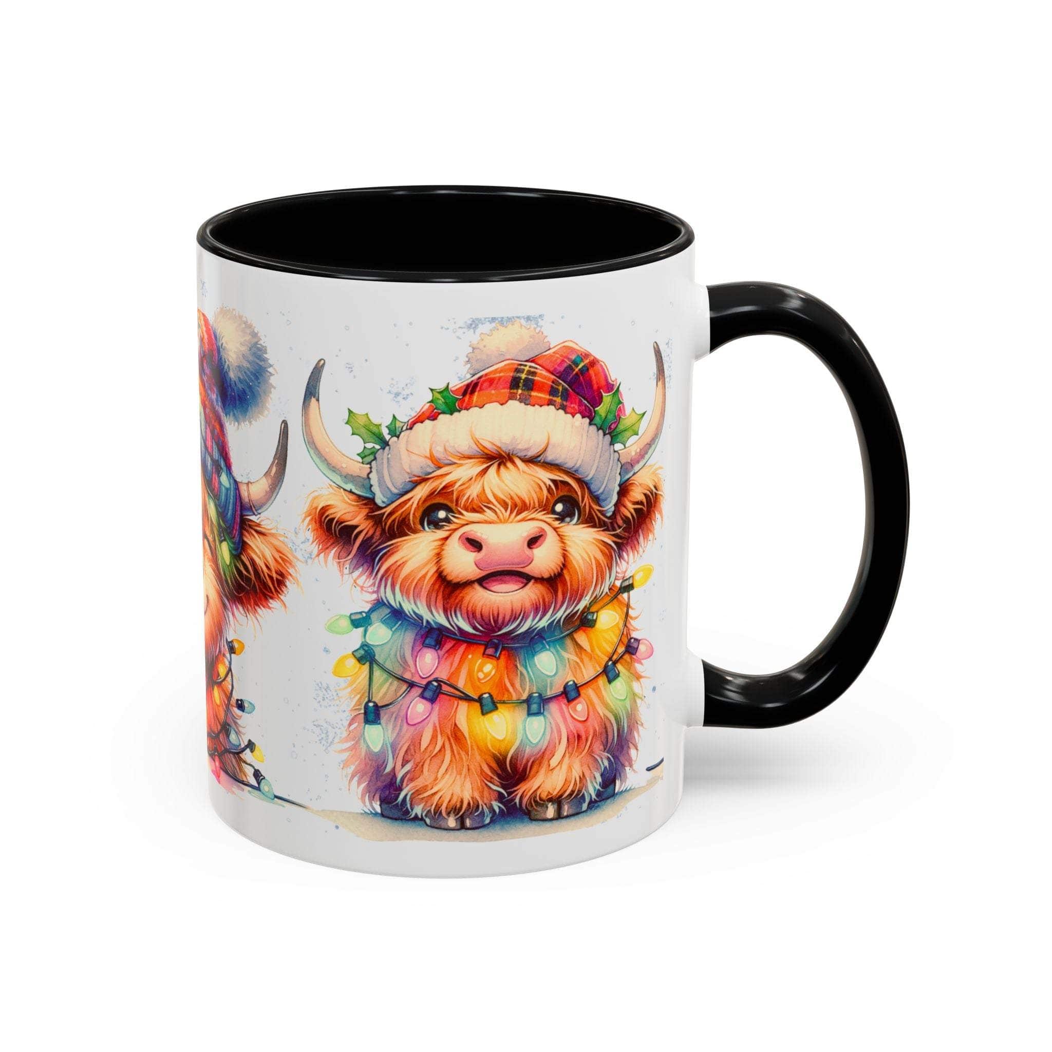 Scottish Highland Cow Christmas coffee mug with festive lights and tartan hat, black handle and interior, ceramic holiday accent mug