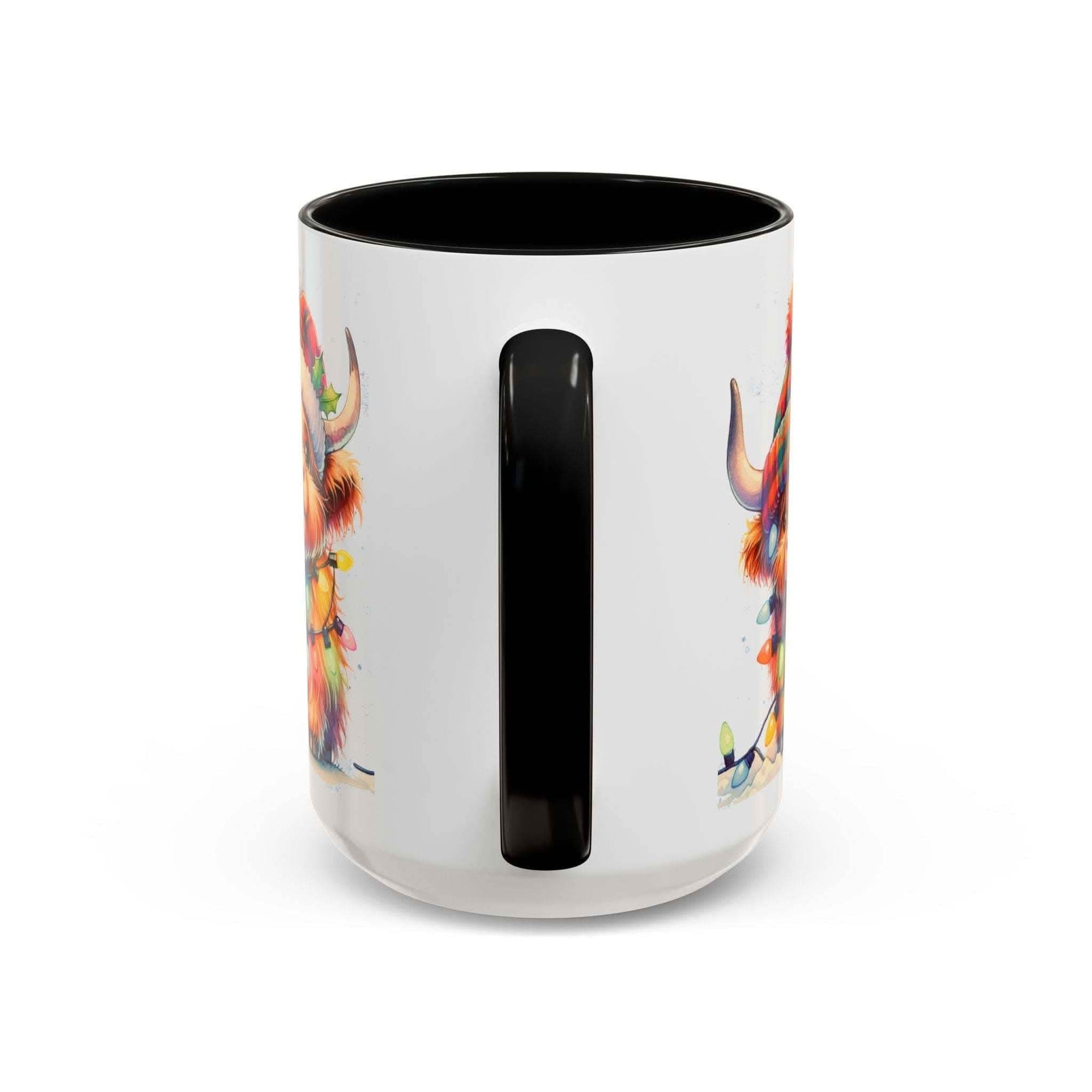 Scottish Highland Cow Christmas ceramic coffee mug with black handle and festive design