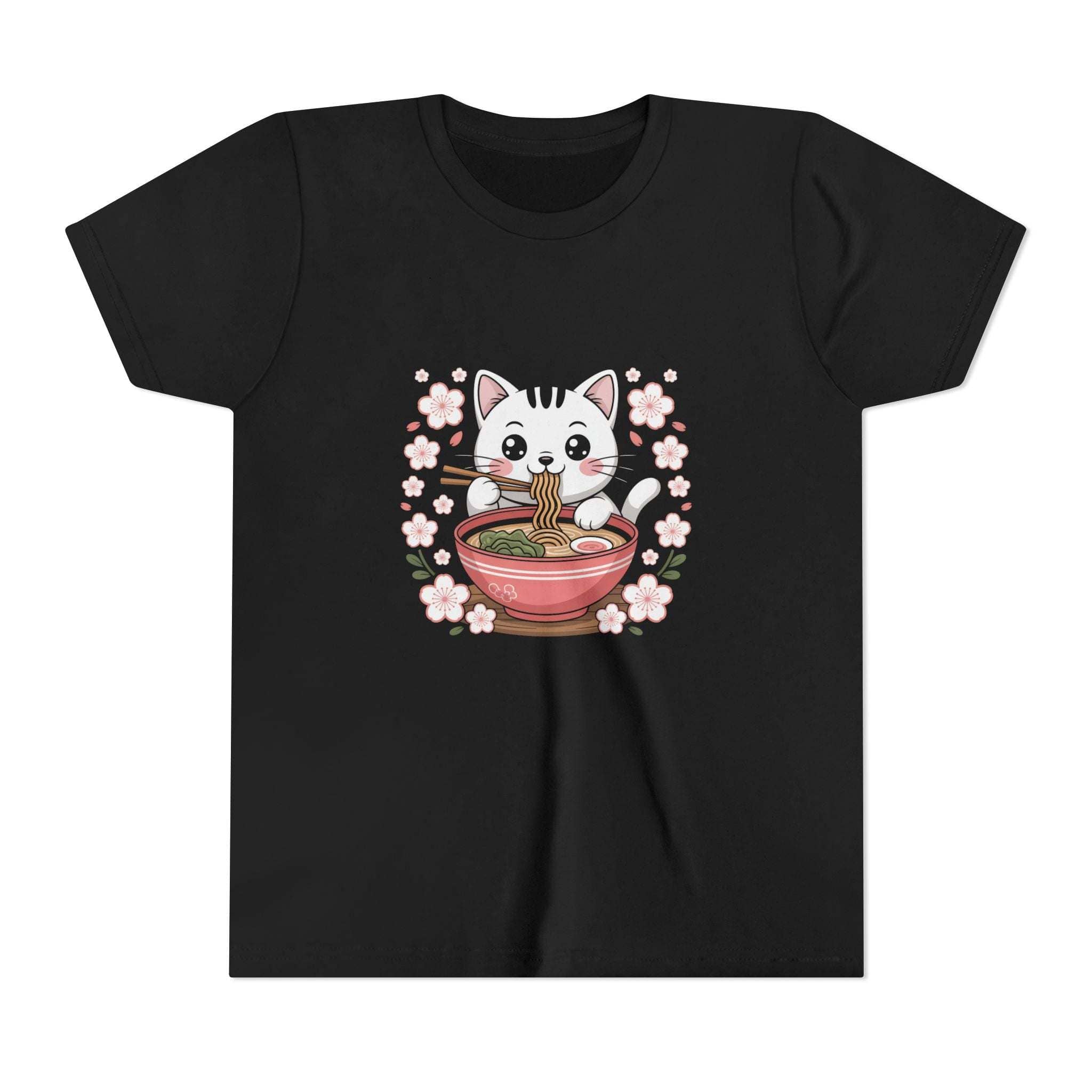 Kawaii cat eating ramen bowl printed on youth short sleeve tee