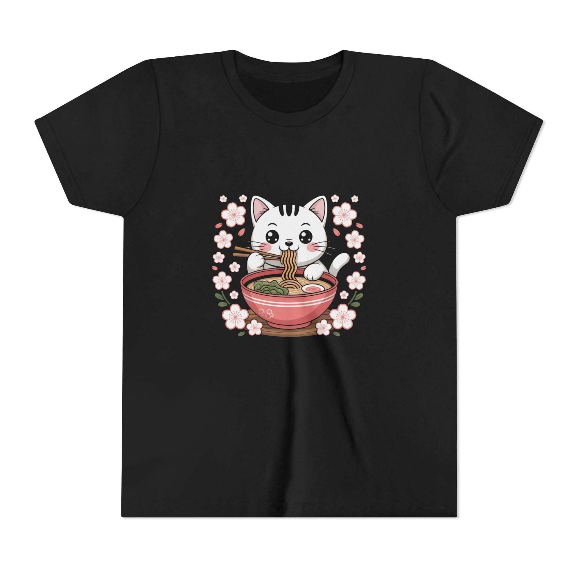 Kawaii cat eating ramen bowl printed on youth short sleeve tee