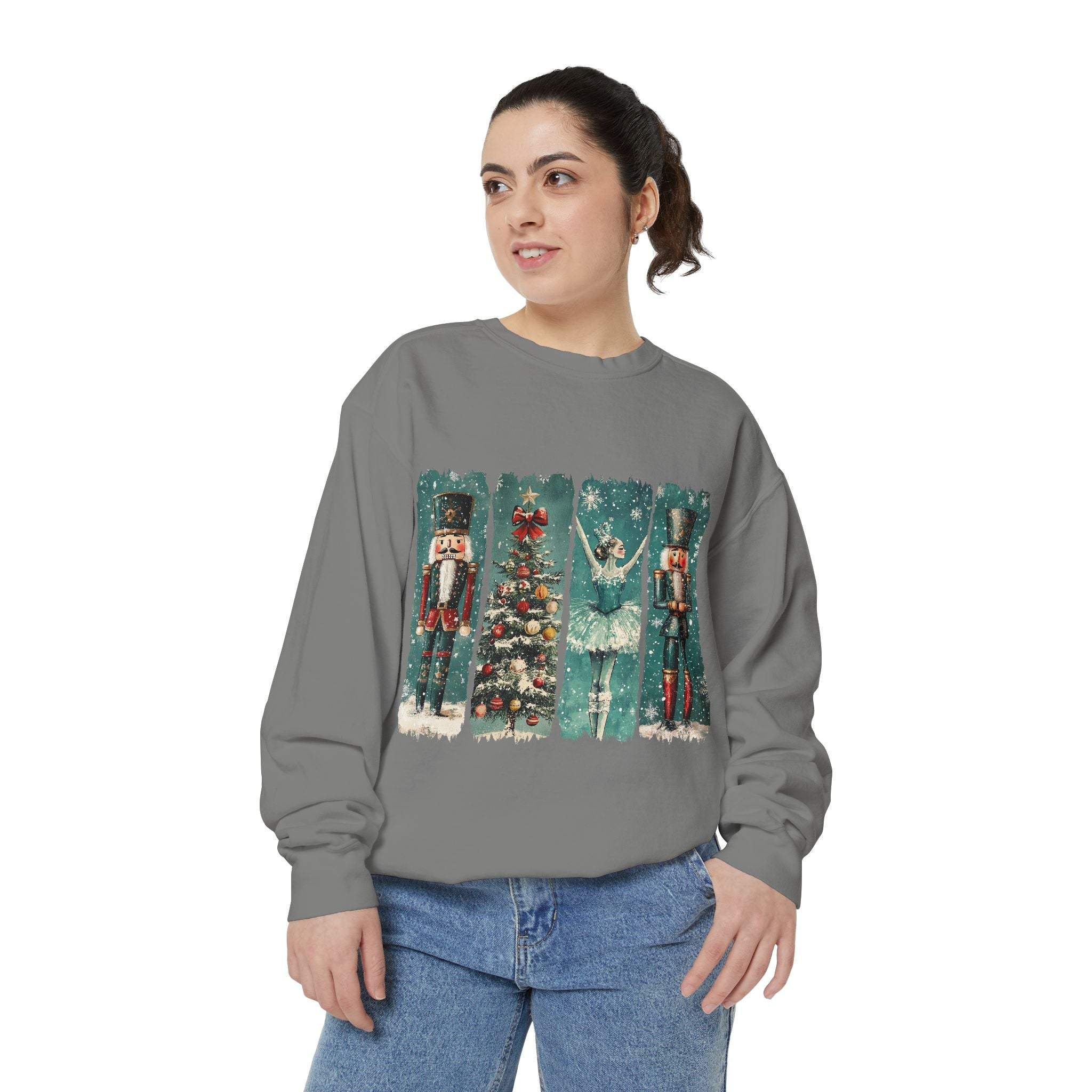 woman wearing vintage Christmas nutcracker watercolor sweatshirt with holiday design and cozy fit