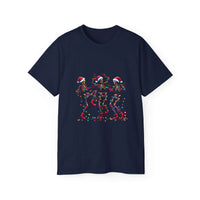 White Christmas Dancing Skeletons t-shirt by Printify, festive design perfect for holiday celebrations