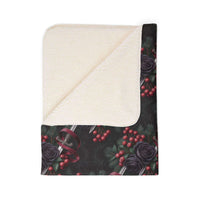 Gothmas Black Roses & Daggers fleece sherpa blanket with black rose and dagger design, soft plush reversible warmth