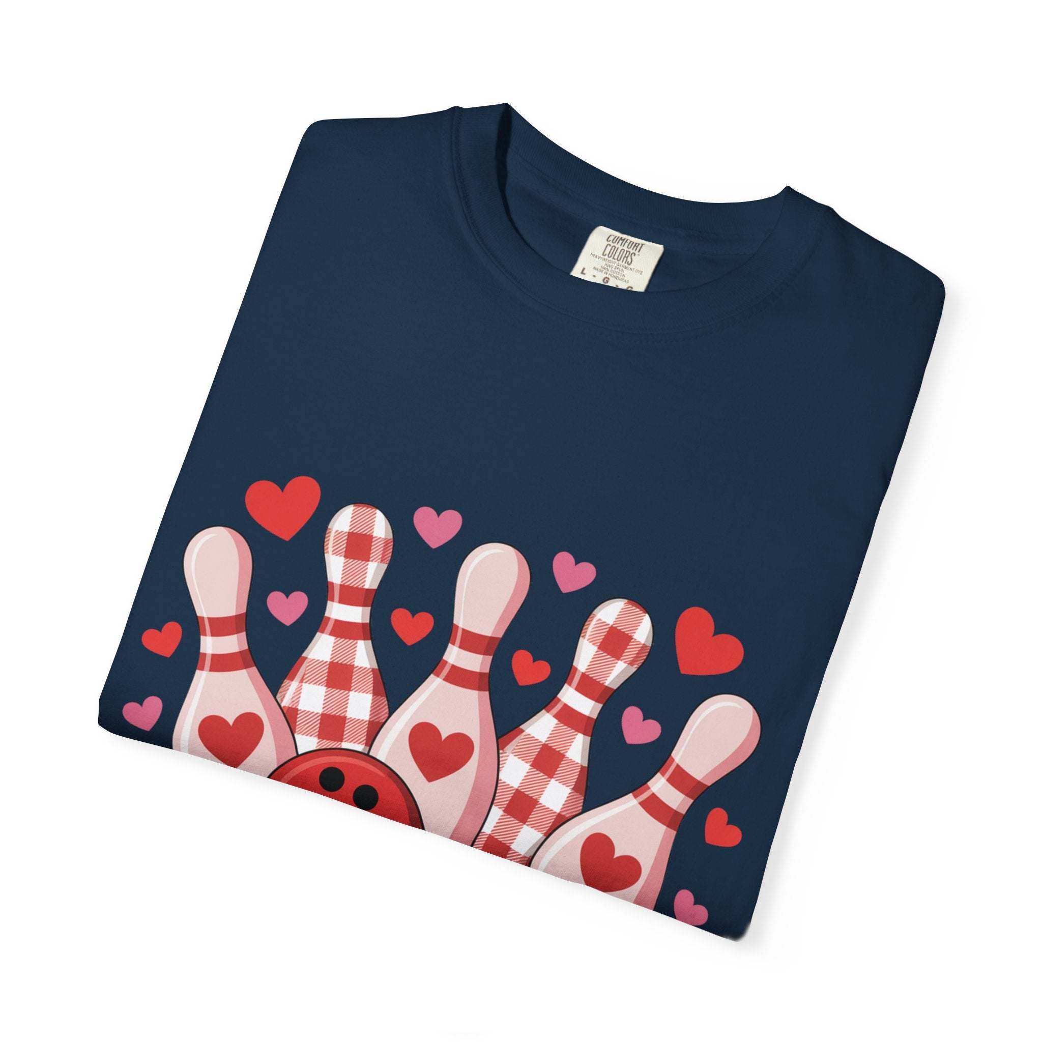 Valentine's Bowling Hearts TShirt with tiny heart and bowling pin design on cozy garment-dyed cotton