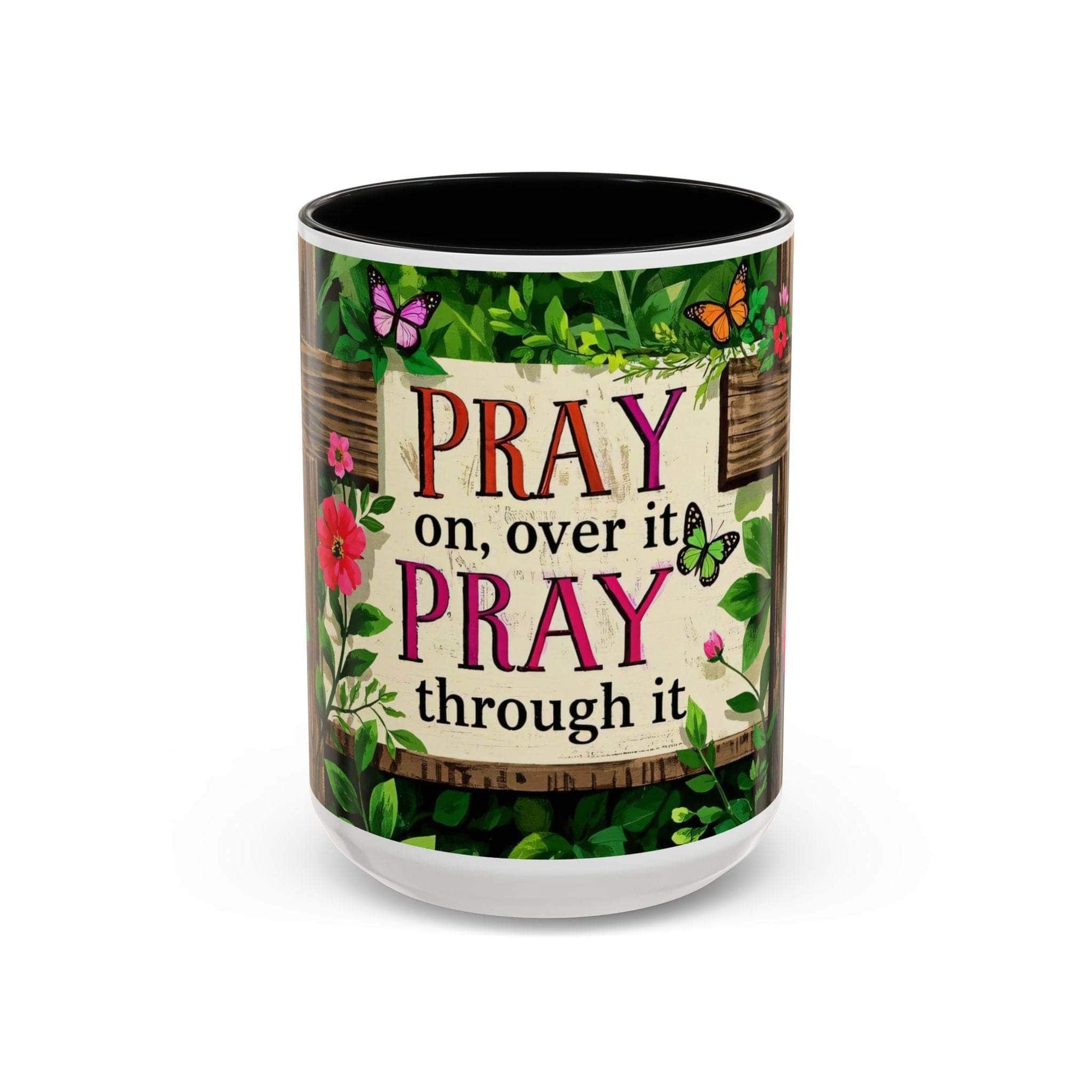 Mug with floral design and motivational quote on a white background