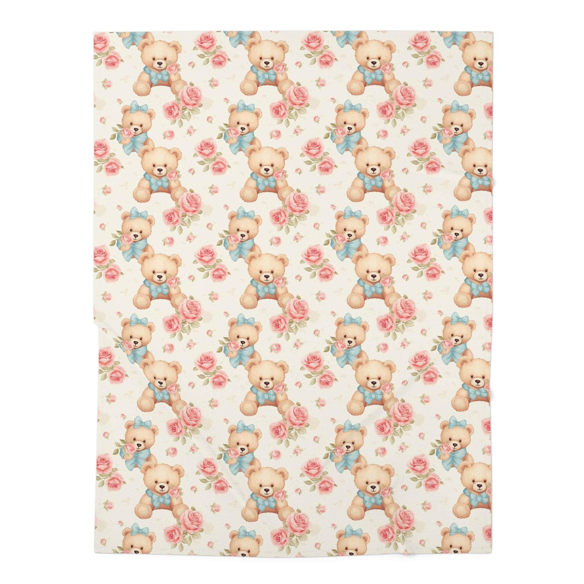 Floral teddy bear design swaddle blanket with pink roses on soft cream background