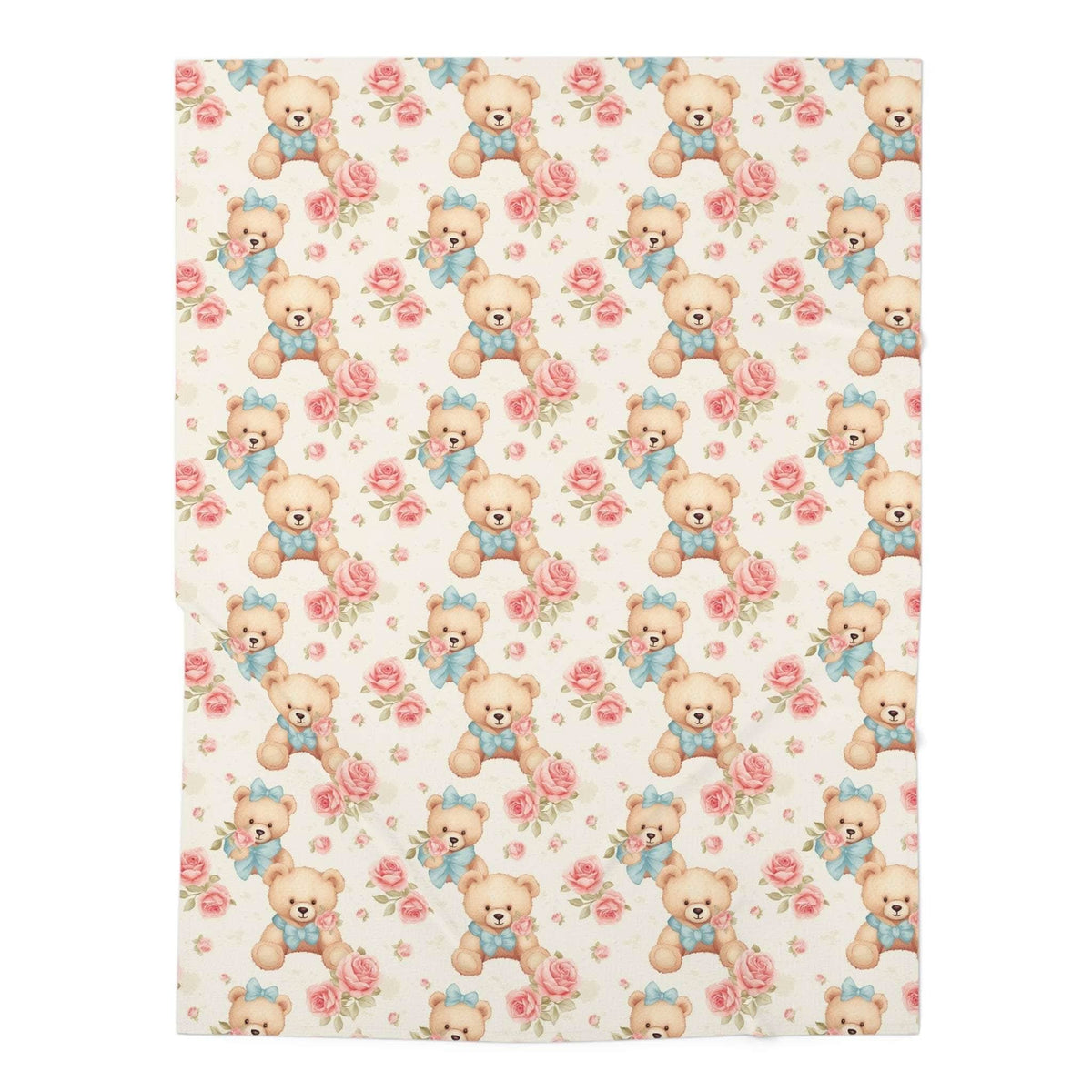 Floral teddy bear design swaddle blanket with pink roses on soft cream background