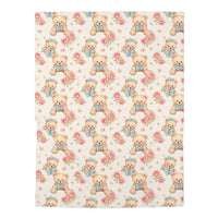 Floral teddy bear design swaddle blanket with pink roses on soft cream background