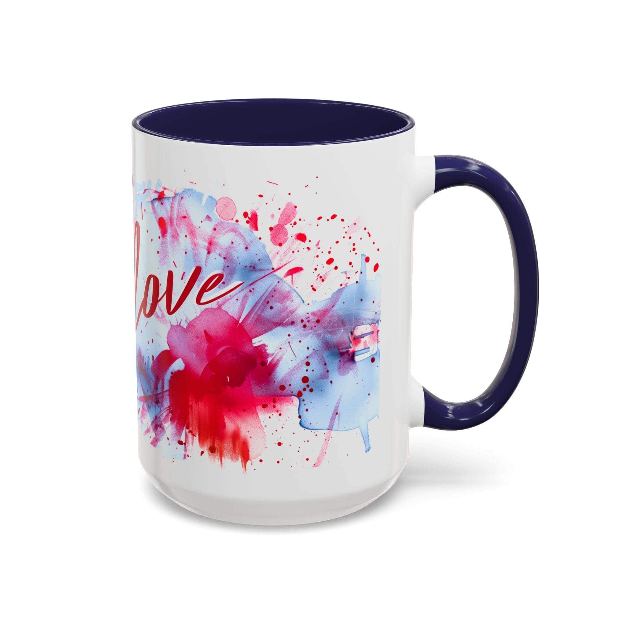 Valentines Floral Love Accent Coffee Mug with romantic heart and watercolor floral design, navy blue handle and interior, 11oz ceramic cup
