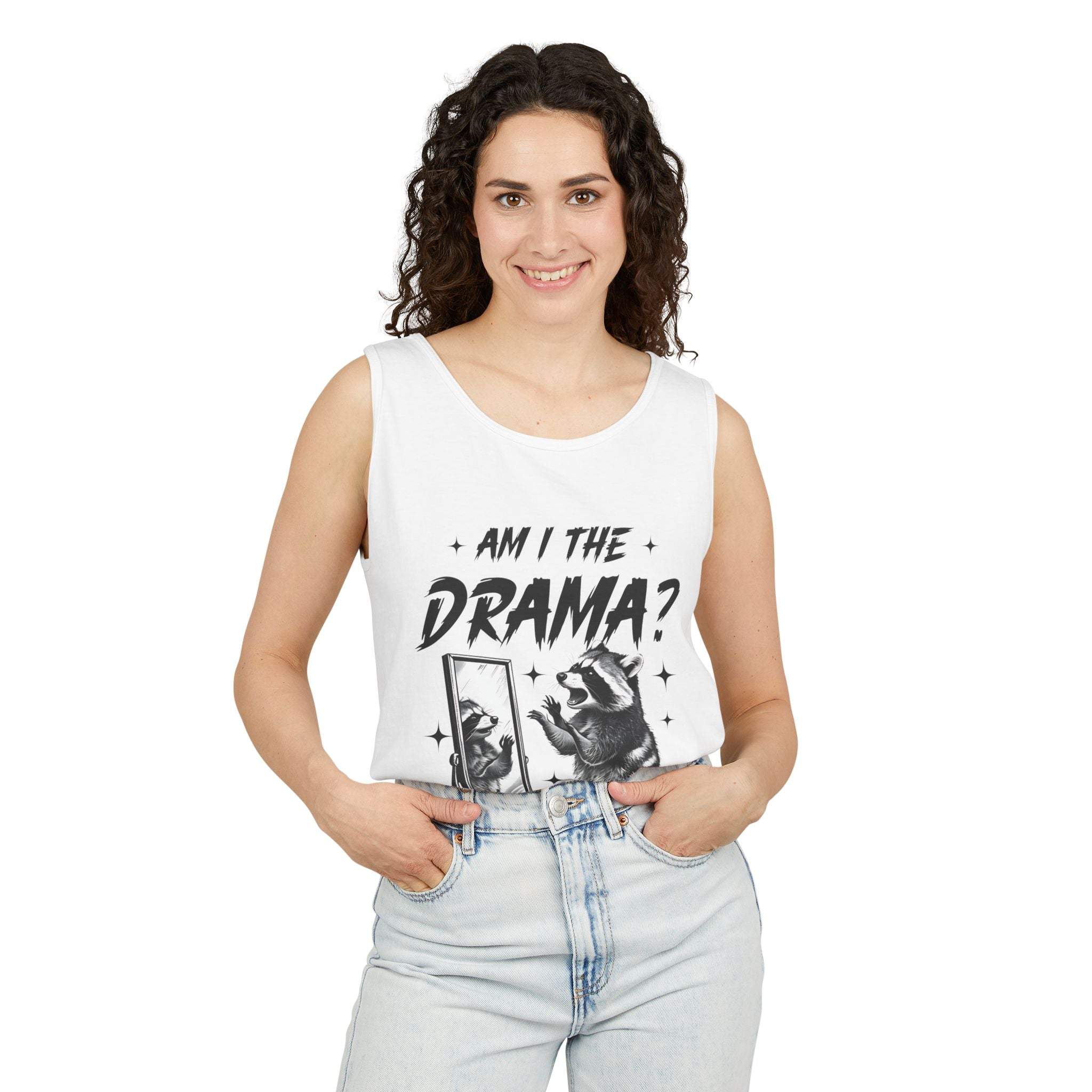 White tank top with "Am I The Drama?" print and raccoon graphic, casual summer wear
