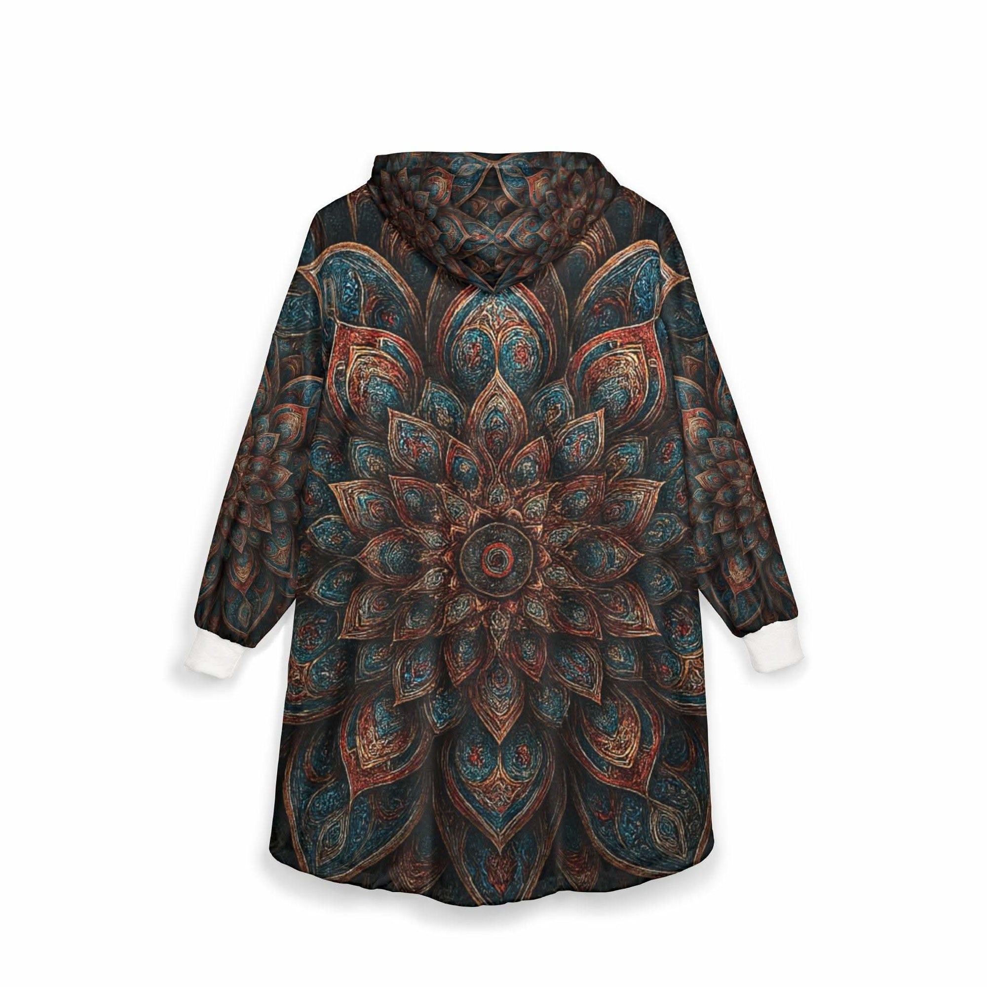 Geometric mandala hooded blanket in white, boho style, perfect for meditation and relaxation.