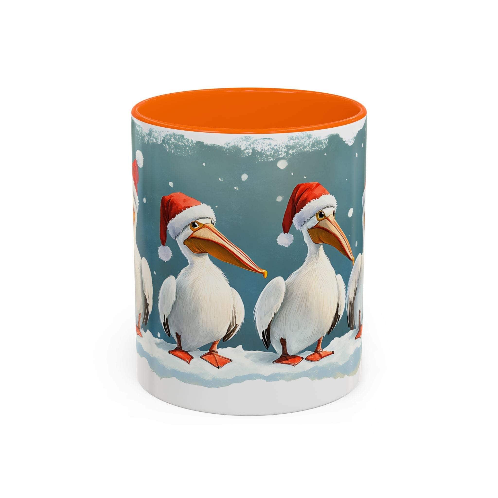 Mug with Christmas-themed design featuring pelicans wearing Santa hats on a blue background.