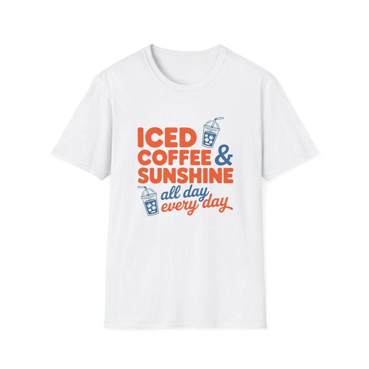 Iced Coffee & Sunshine summer graphic T-shirt with playful iced-cup print and breathable cotton fabric.