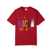 Red NICU nurse Halloween T-shirt with colorful crayon-style lettering, a smiling ghost in a purple beanie, pumpkin, and candy corn.