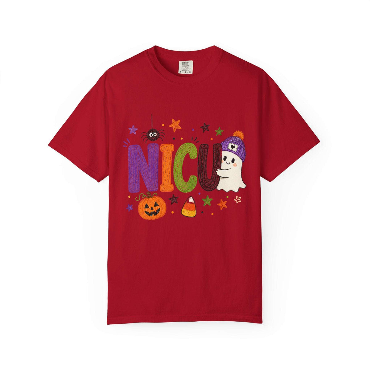 Red NICU nurse Halloween T-shirt with colorful crayon-style lettering, a smiling ghost in a purple beanie, pumpkin, and candy corn.