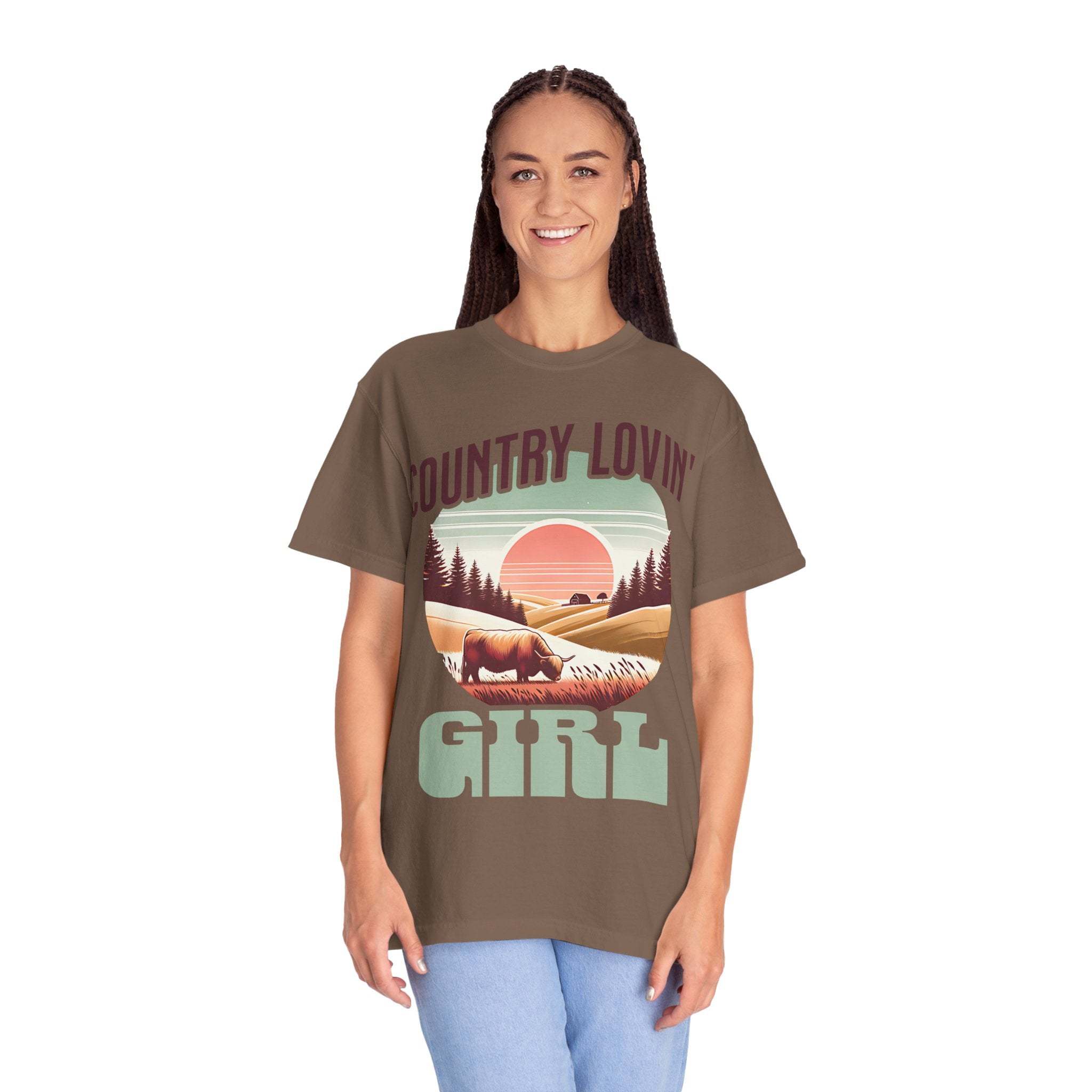 Country Lovin Girl T-shirt vintage style with rustic sunset and cow design on brown cotton tee