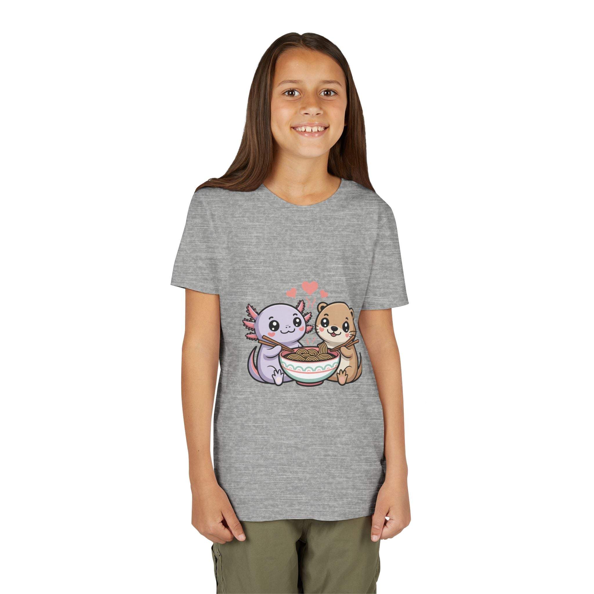 Cute kawaii animal kids shirt with axolotl and otter eating ramen on lightweight cotton tee
