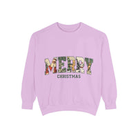 White vintage varsity Merry Christmas sweatshirt by Printify, featuring festive holiday lettering