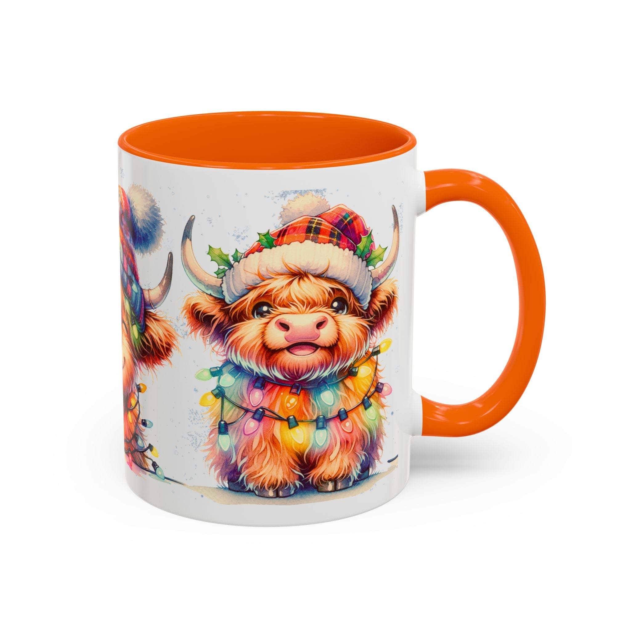 Mug with a colorful highland cow design and orange interior and handle on a white background