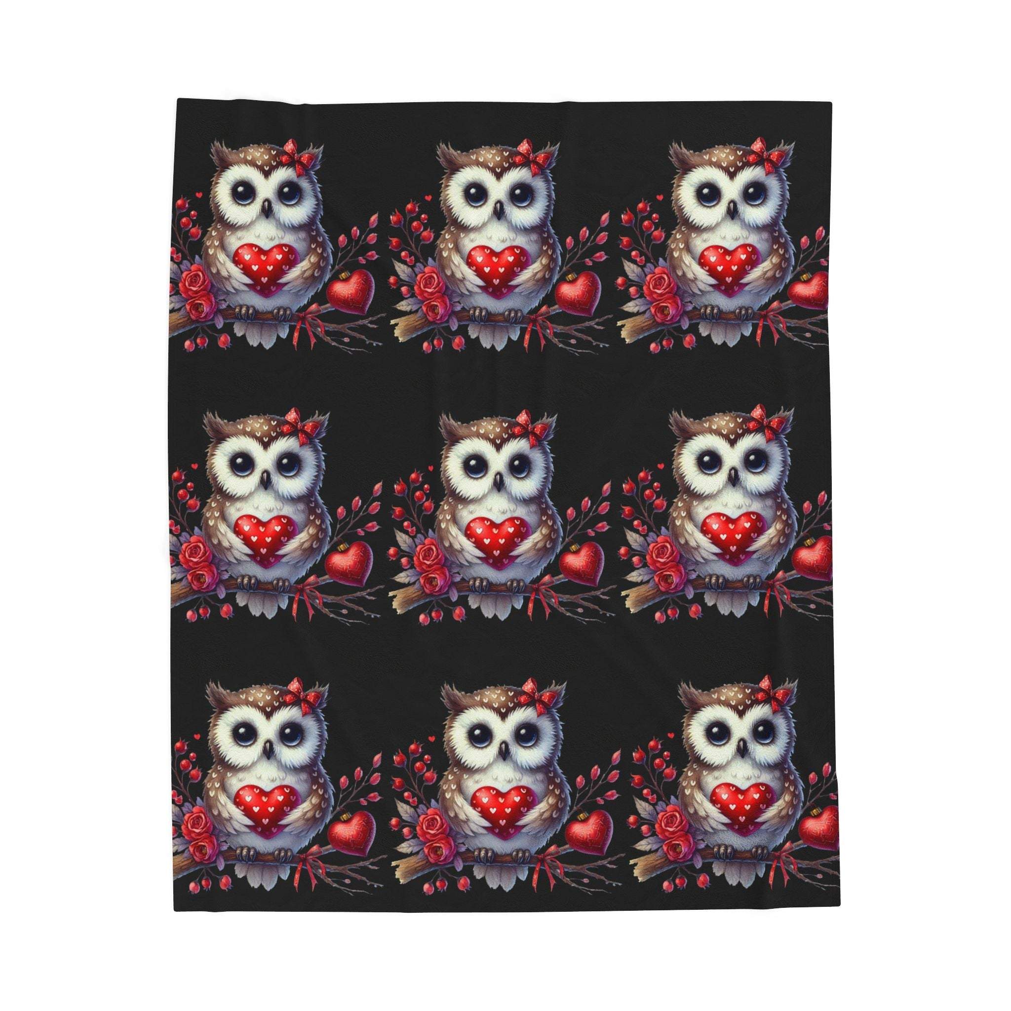 Floral Valentine Owl plush velveteen blanket with heart and blossoms design