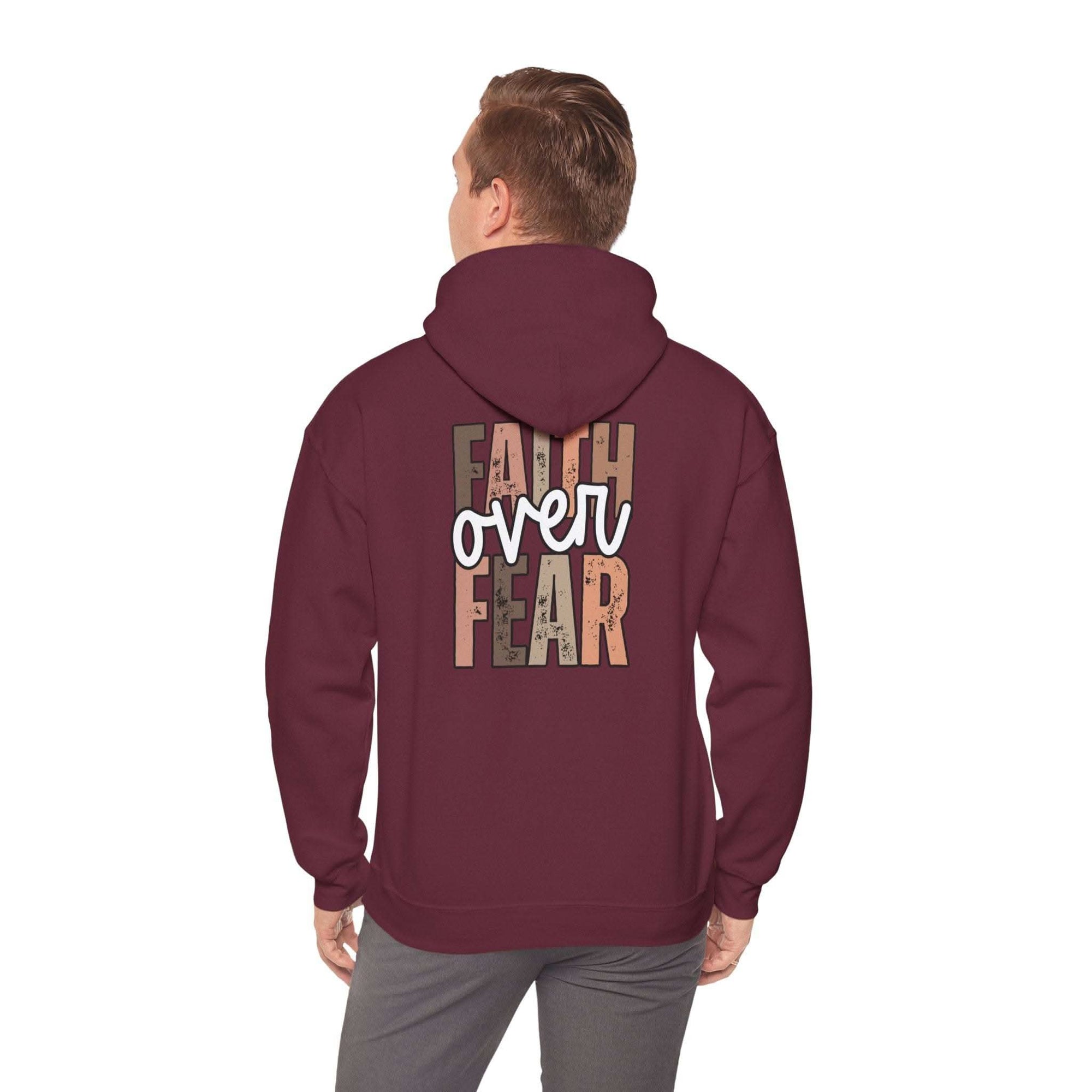 Faith Over Fear Hoodie with "Walk by Faith" inspirational Christian design on cozy sweatshirt