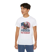 White Veteran Tee Shirt with Proud Veteran eagle and US flag design, unisex classic fit cotton tee