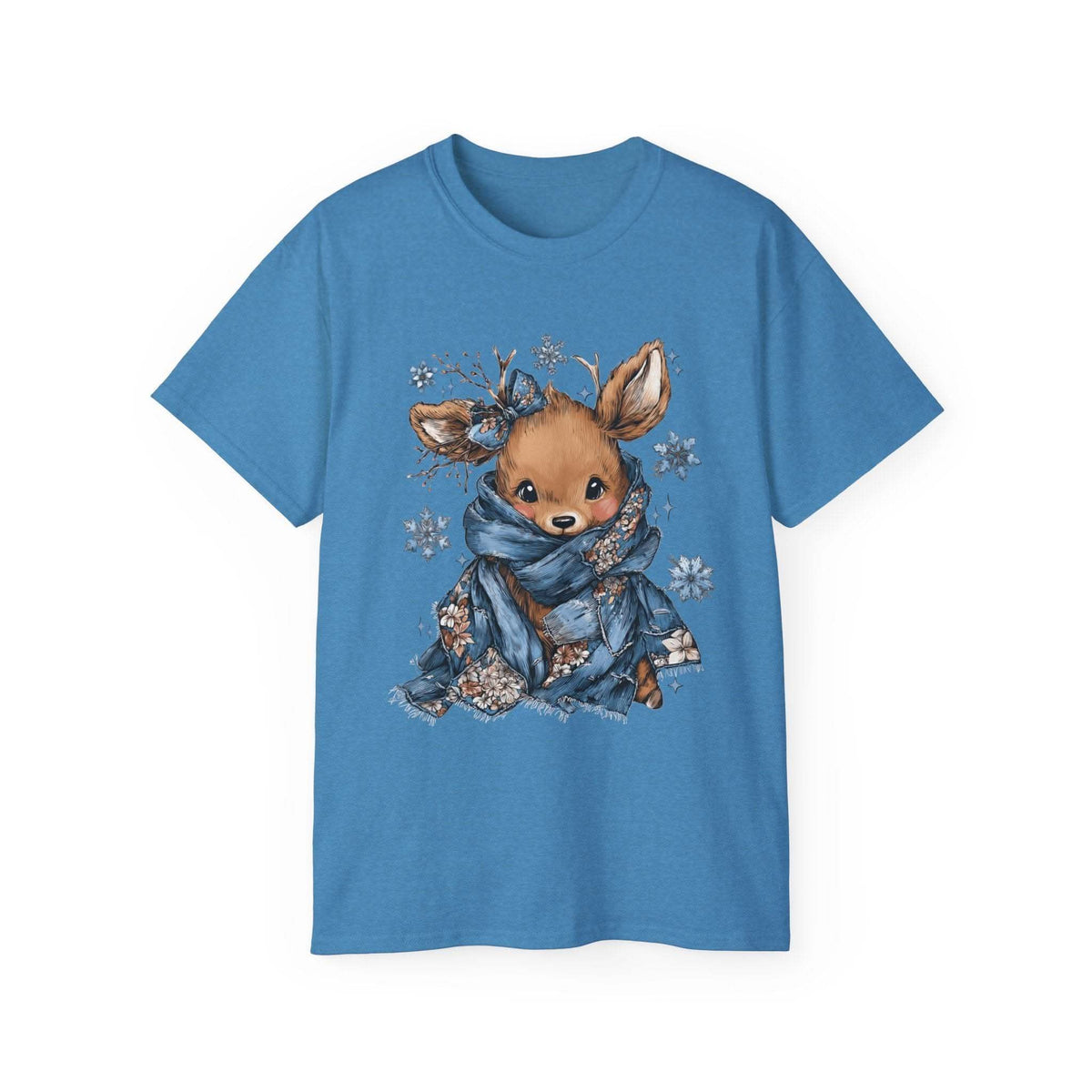 White t-shirt with retro patchwork reindeer design wearing blue scarf and surrounded by snowflakes