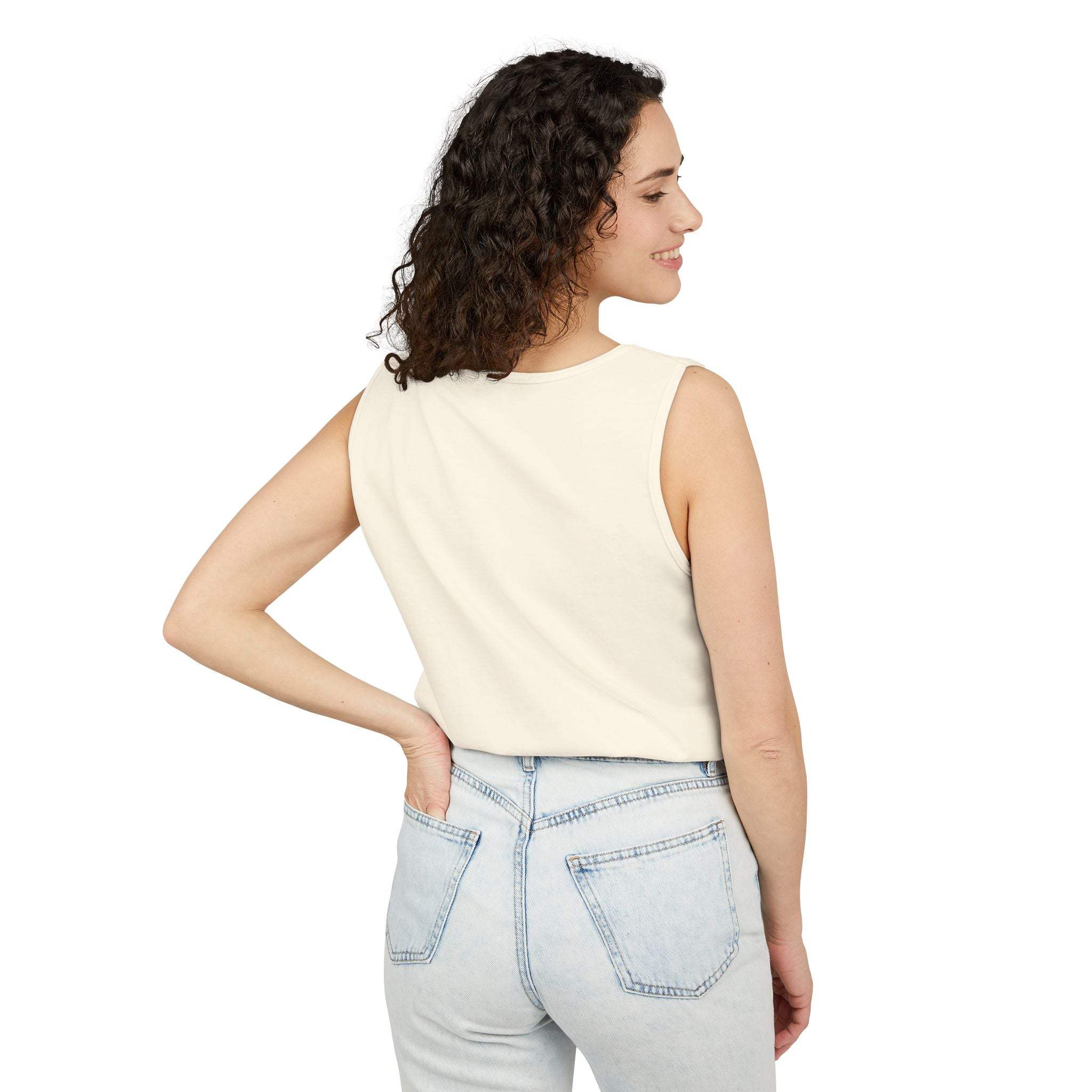 Woman wearing white sleeveless tank top Am I The Drama design with light blue jeans back view