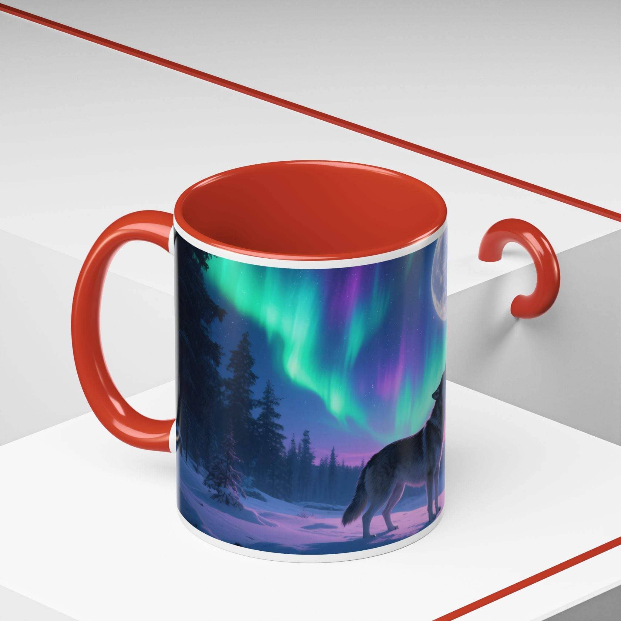 Ceramic howling wolf aurora mug with red interior and handle featuring northern lights design