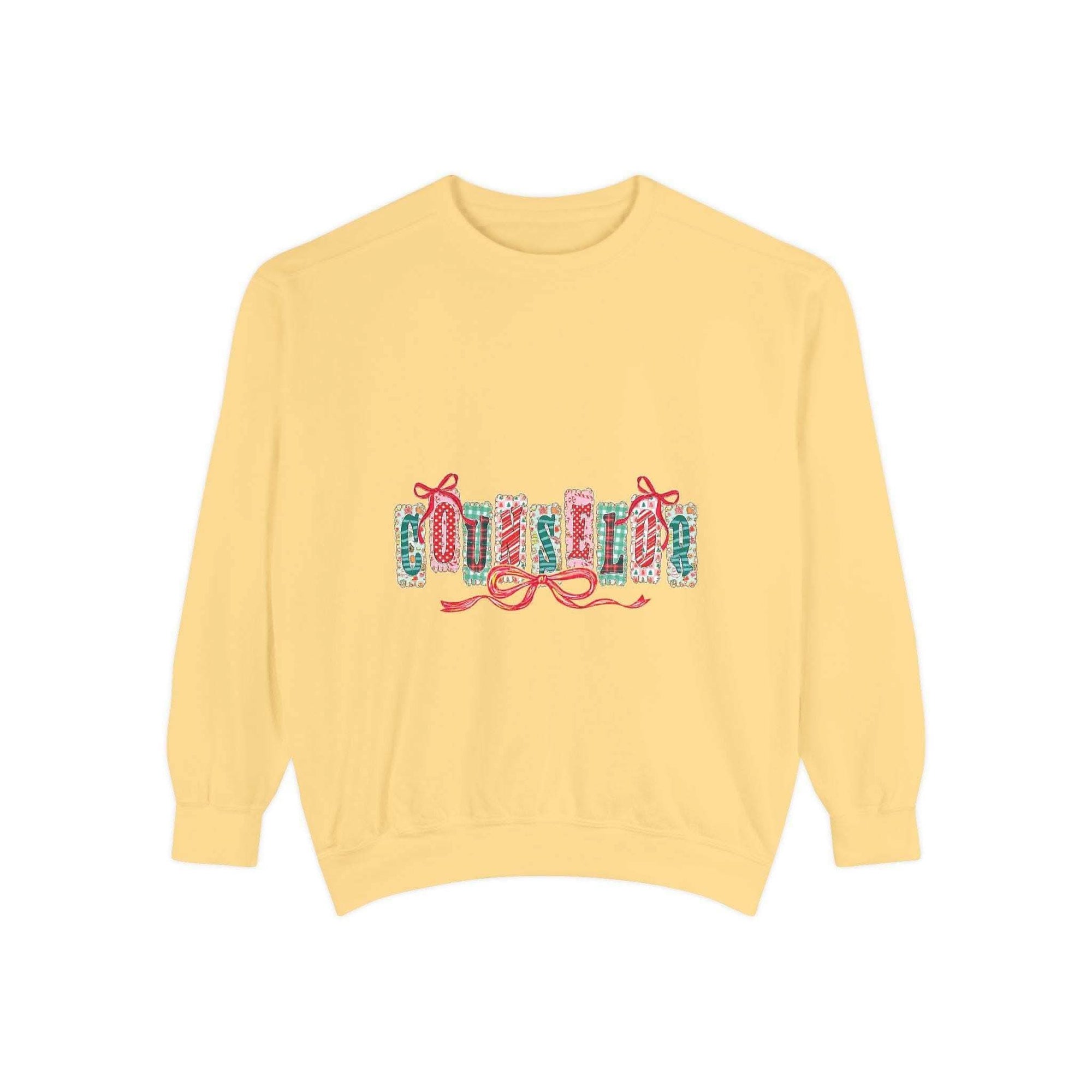 Garment-dyed True Navy sweatshirt with preppy Christmas counselor design by Printify, available in sizes S, M, L