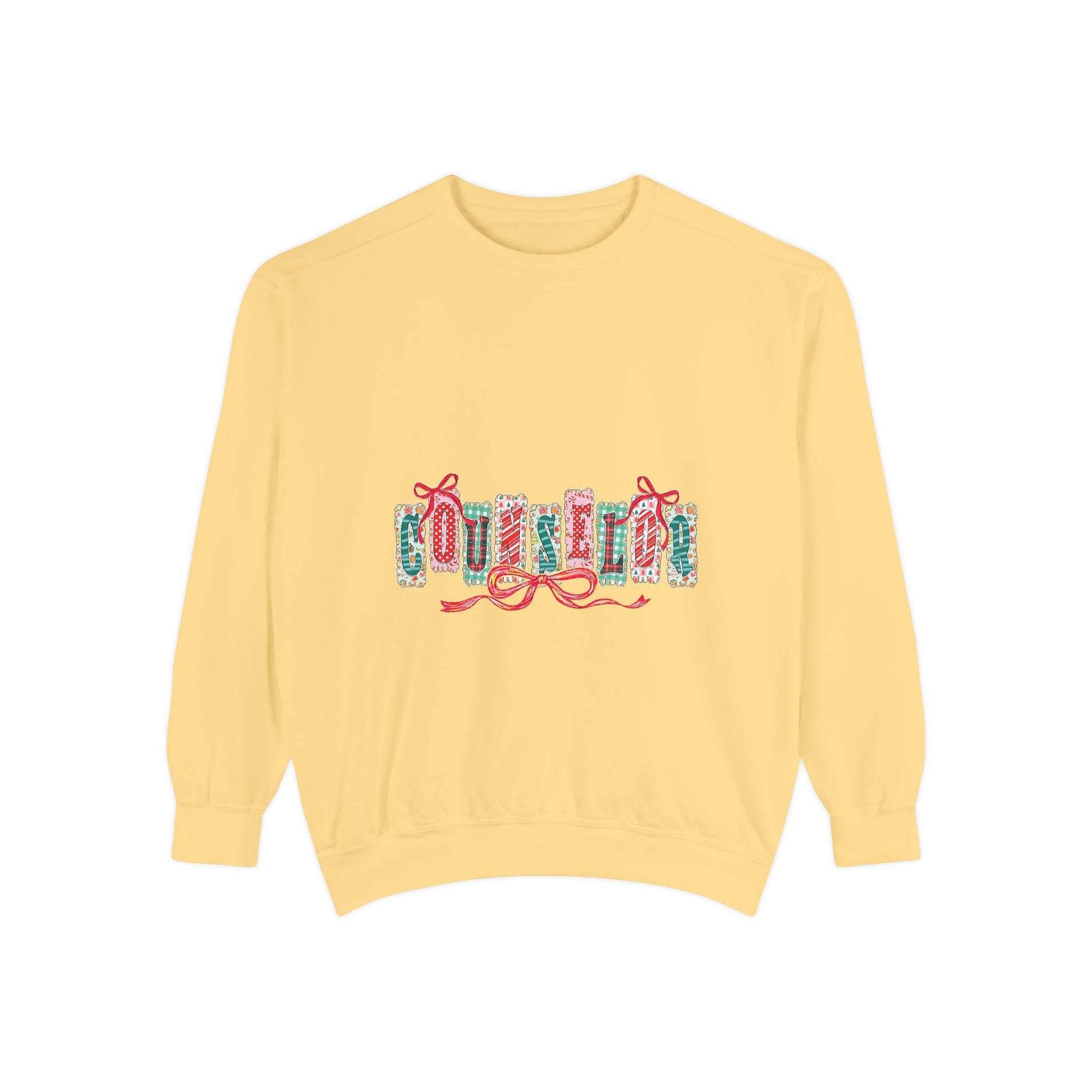 Garment-dyed True Navy sweatshirt with preppy Christmas counselor design by Printify, available in sizes S, M, L