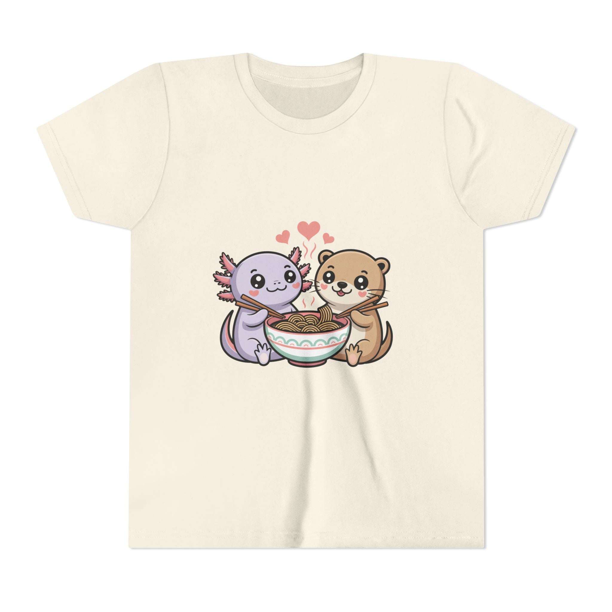 Cute Kawaii Animal Kids Shirt with axolotl and otter ramen illustration on lightweight cotton tee