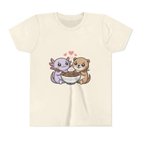 Cute Kawaii Animal Kids Shirt with axolotl and otter ramen illustration on lightweight cotton tee