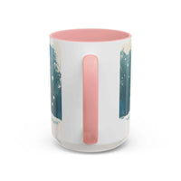 Ceramic tumbler with a pink interior and abstract design on the exterior