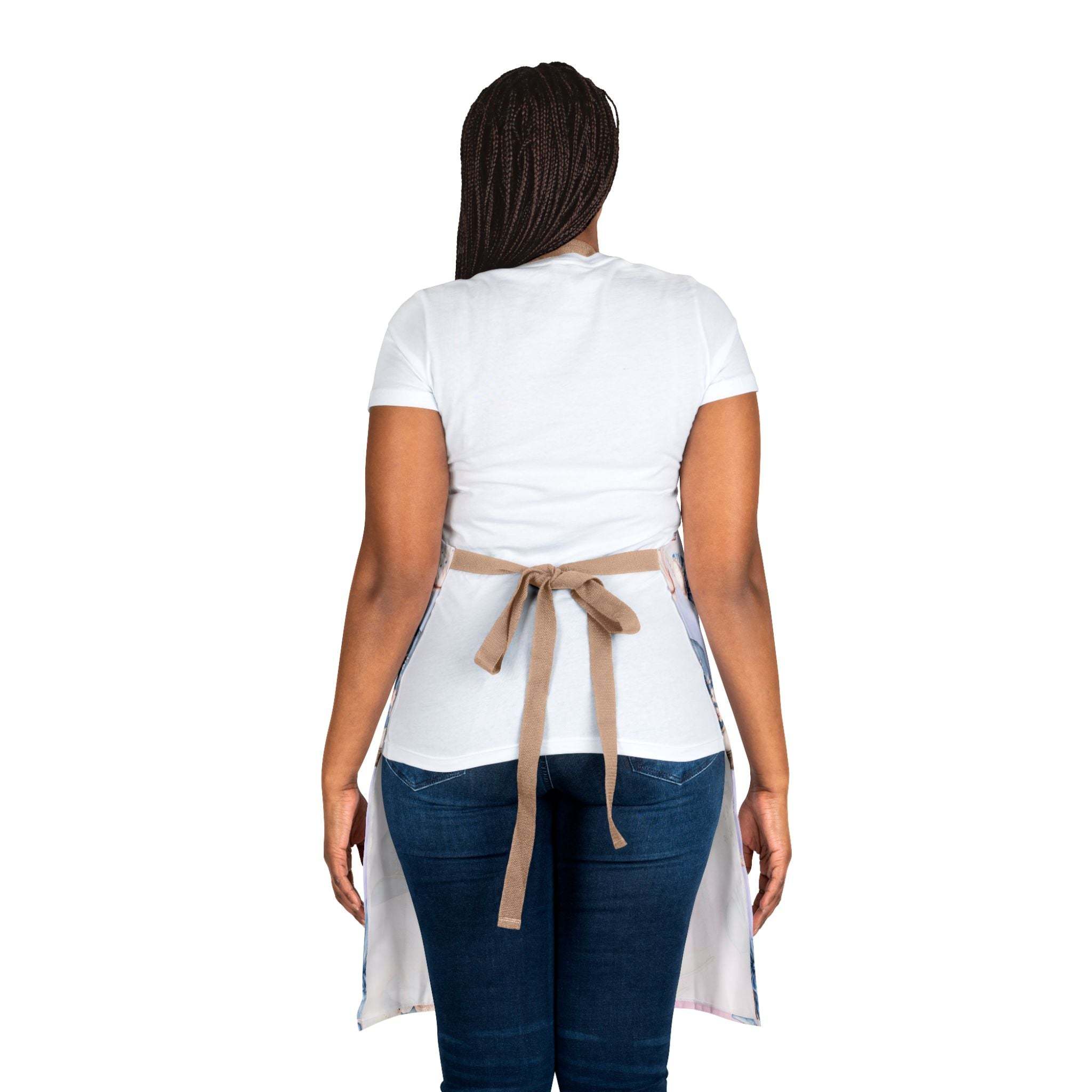 Woman wearing pastel coastal cowgirl apron with beige tie-back straps viewed from behind