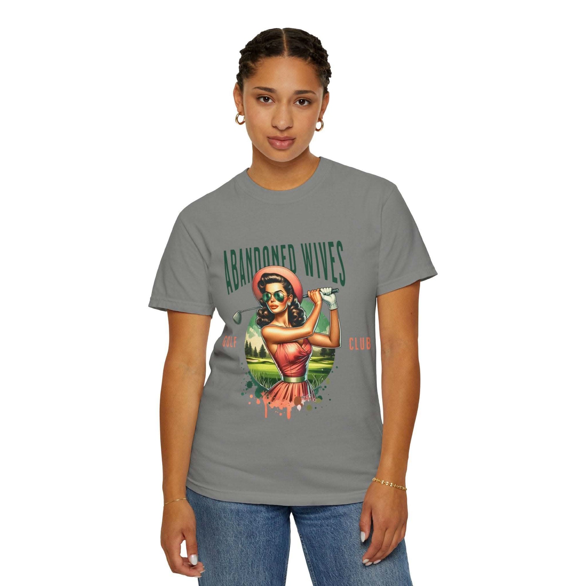 Vintage Unisex T-shirt with Abandoned Wives Golf Club retro design on gray fabric
