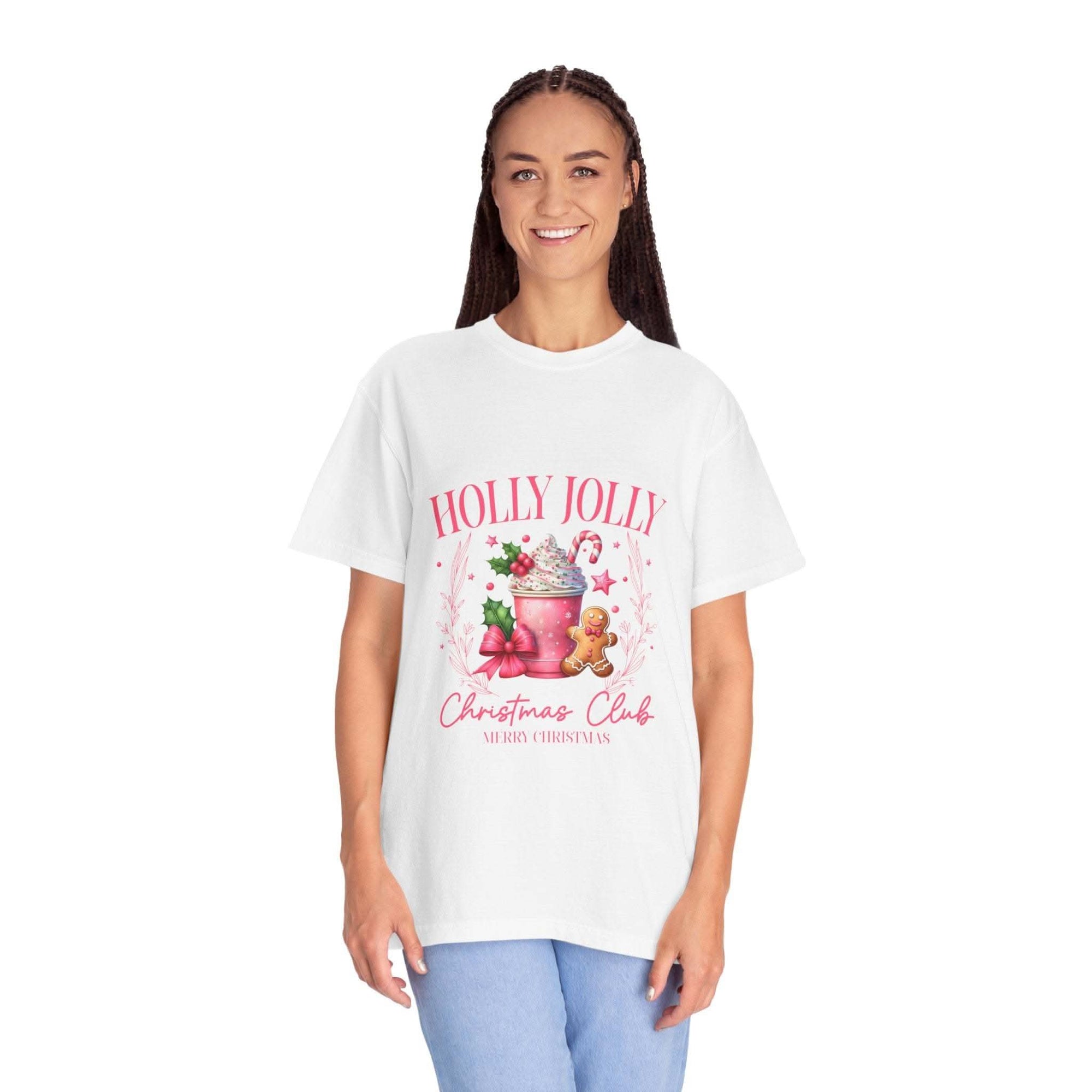 Unisex garment-dyed black Christmas t-shirt with 'Holly Jolly Christmas Club' design by Printify