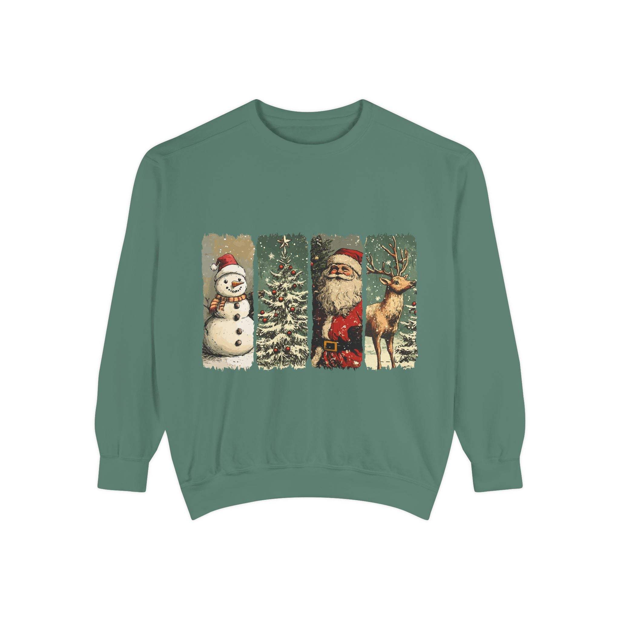 Vintage Christmas sweatshirt with watercolor snowman, tree, Santa, and reindeer design on green fabric