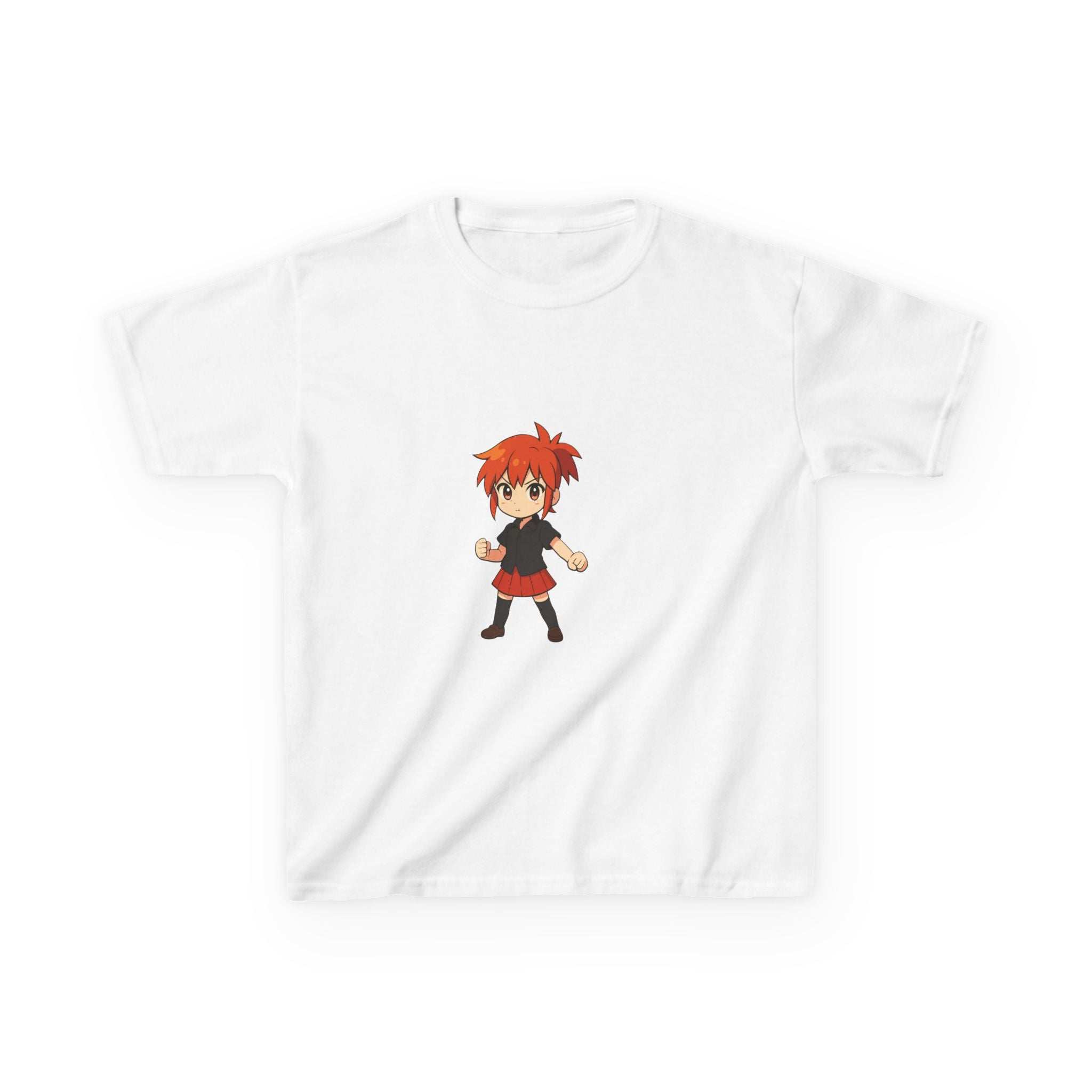 White kids Anime Power Girl Tee with red-haired anime character print, 100% cotton, classic fit