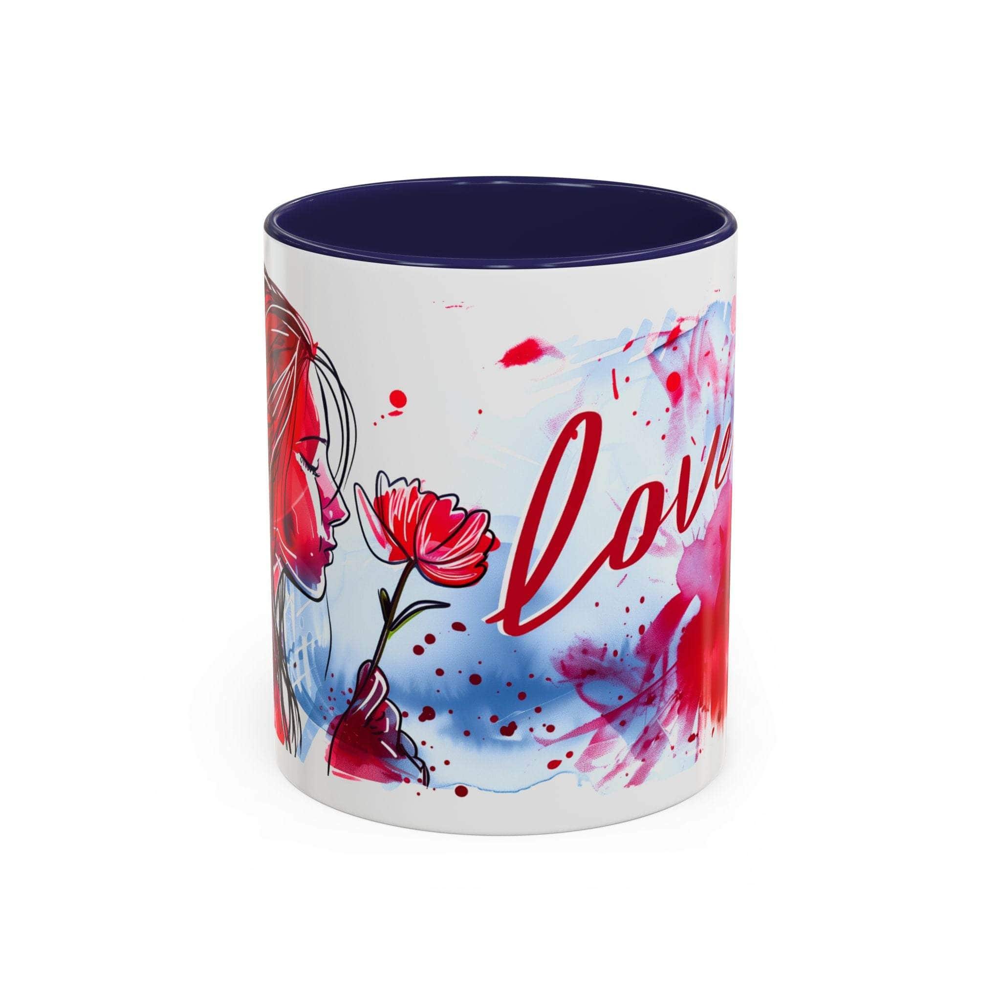 Valentines Floral Love Accent Coffee Mug with heart and floral design, white ceramic with purple interior and handle, romantic illustration and "love" text