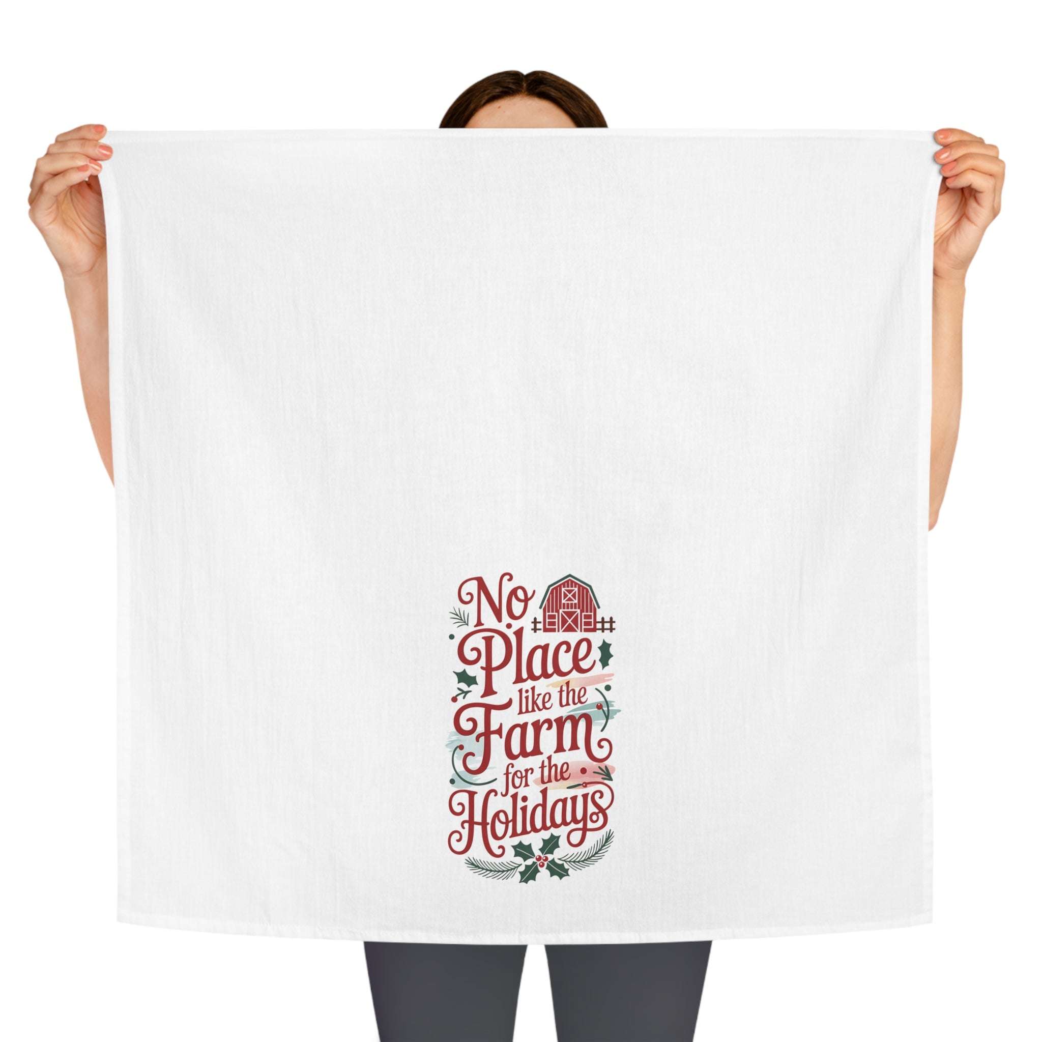 Farm Tea Towel with No Place Like the Farm for the Holidays design in absorbent cotton