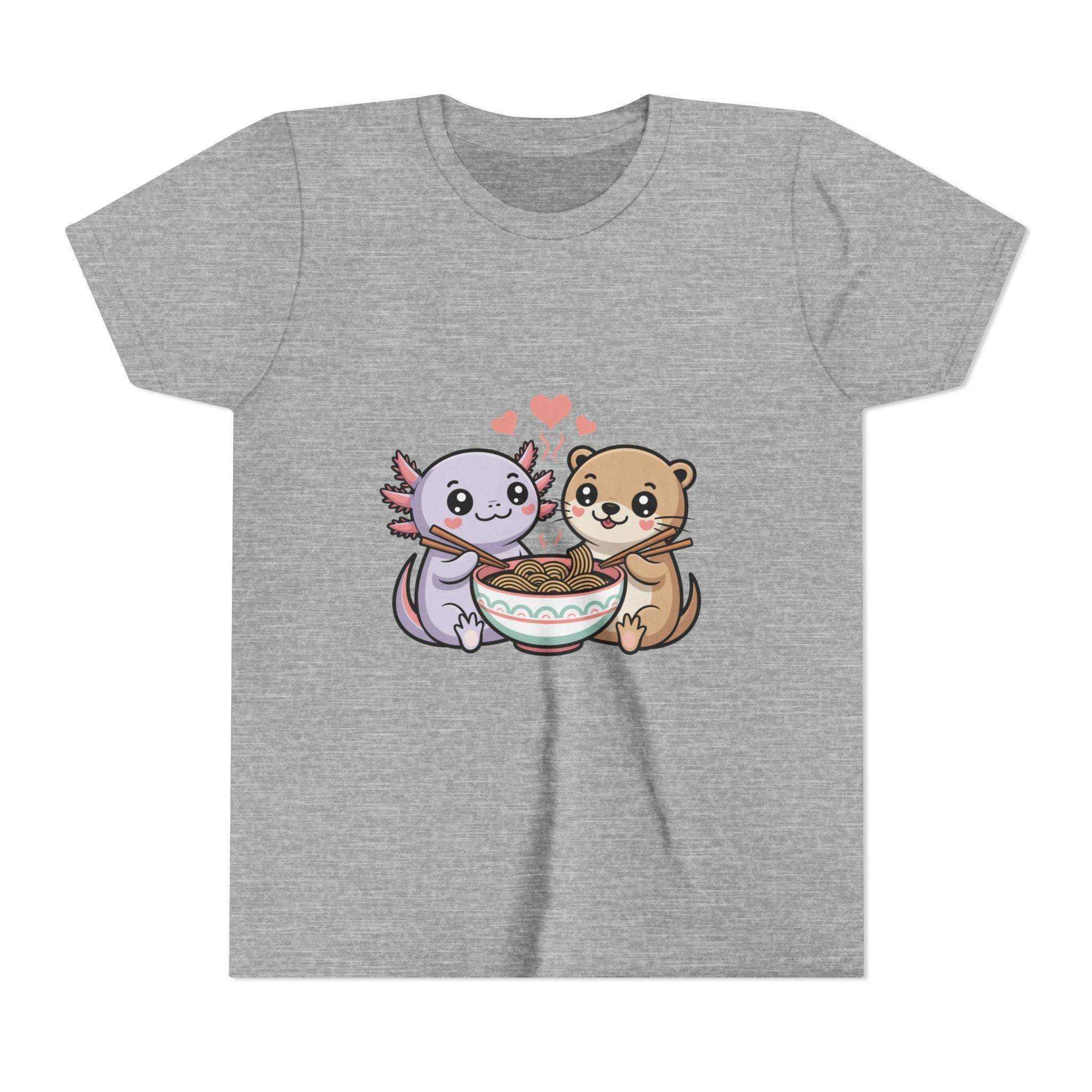 Cute Kawaii Animal Kids Shirt with axolotl and otter ramen illustration on lightweight cotton tee