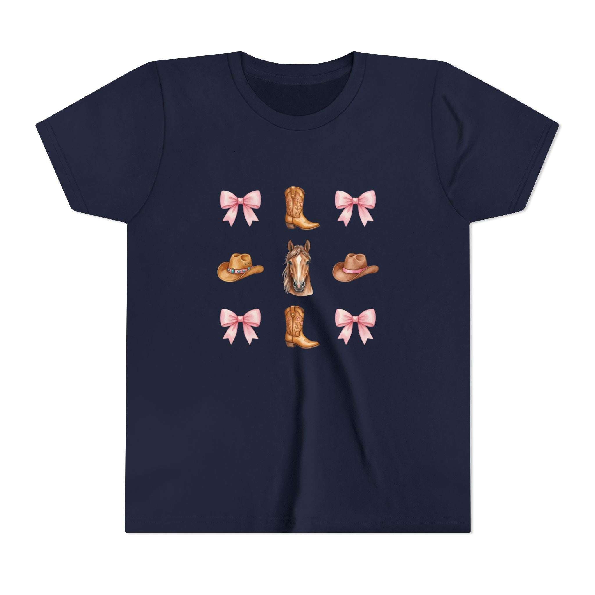 Youth pink t-shirt with Cowboy Horse & Boots Western hat and bow pattern design