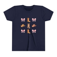 Youth pink t-shirt with Cowboy Horse & Boots Western hat and bow pattern design